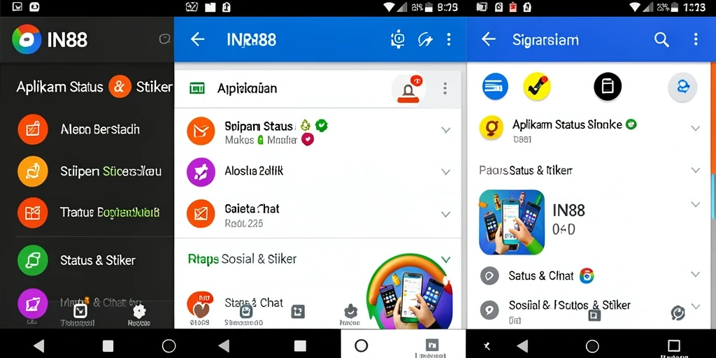 Tampilan antarmuka aplikasi Status & Stiker IN88 yang menarik.